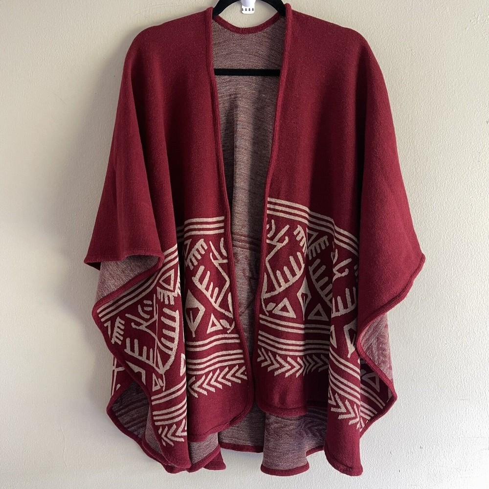 Dillards Poncho Sweater Top Wrap One Size Aztec Print Burgundy Red Cream Outwear